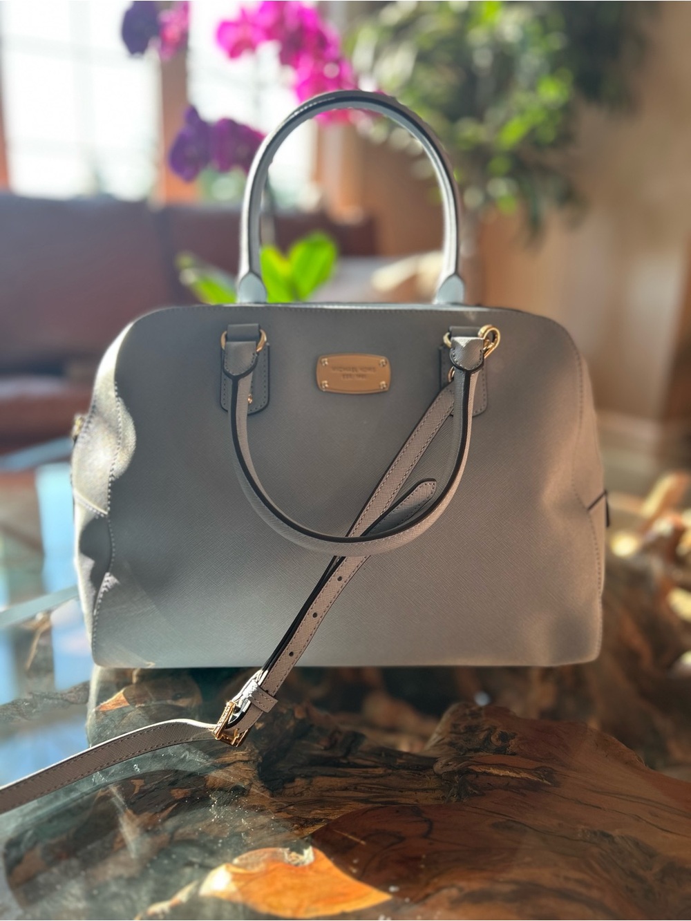 Michael Kors Baby Blue Satchel Bag with Gold Hardware